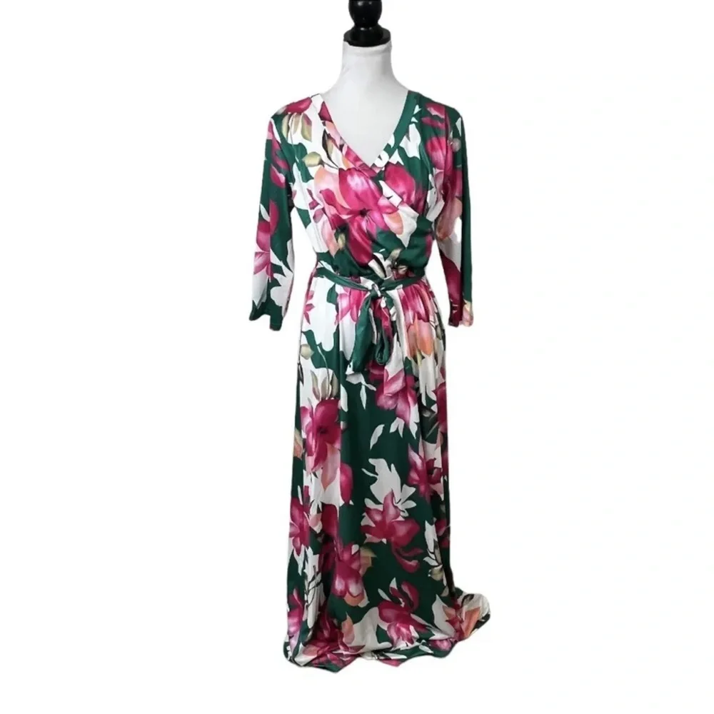 Fandee Maxi Dress Plus Size 2XL Floral V Neck 3/4 Sleeve Tie Belt Pink & Green